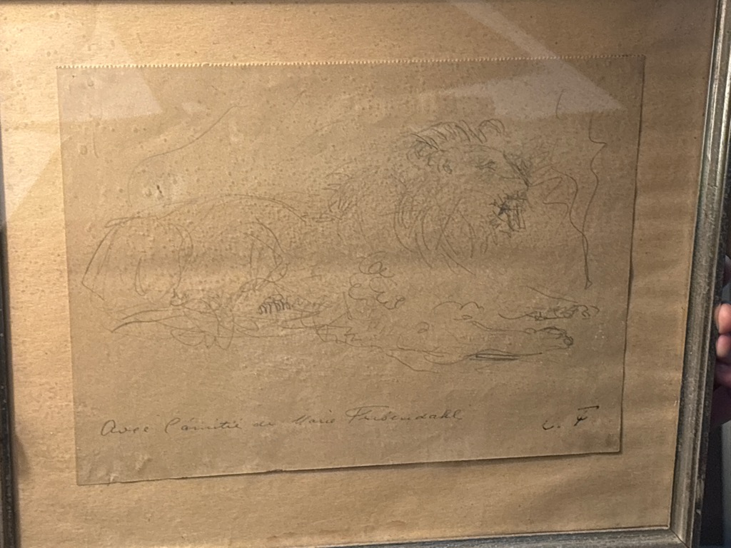 Carl FRIESENDAHL — Lion couché Crayon sur une feuille de papier dentelé.