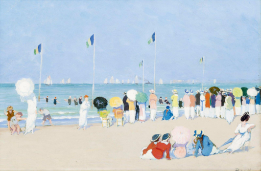  — Estivants sur la plage de Deauville regardant la régate