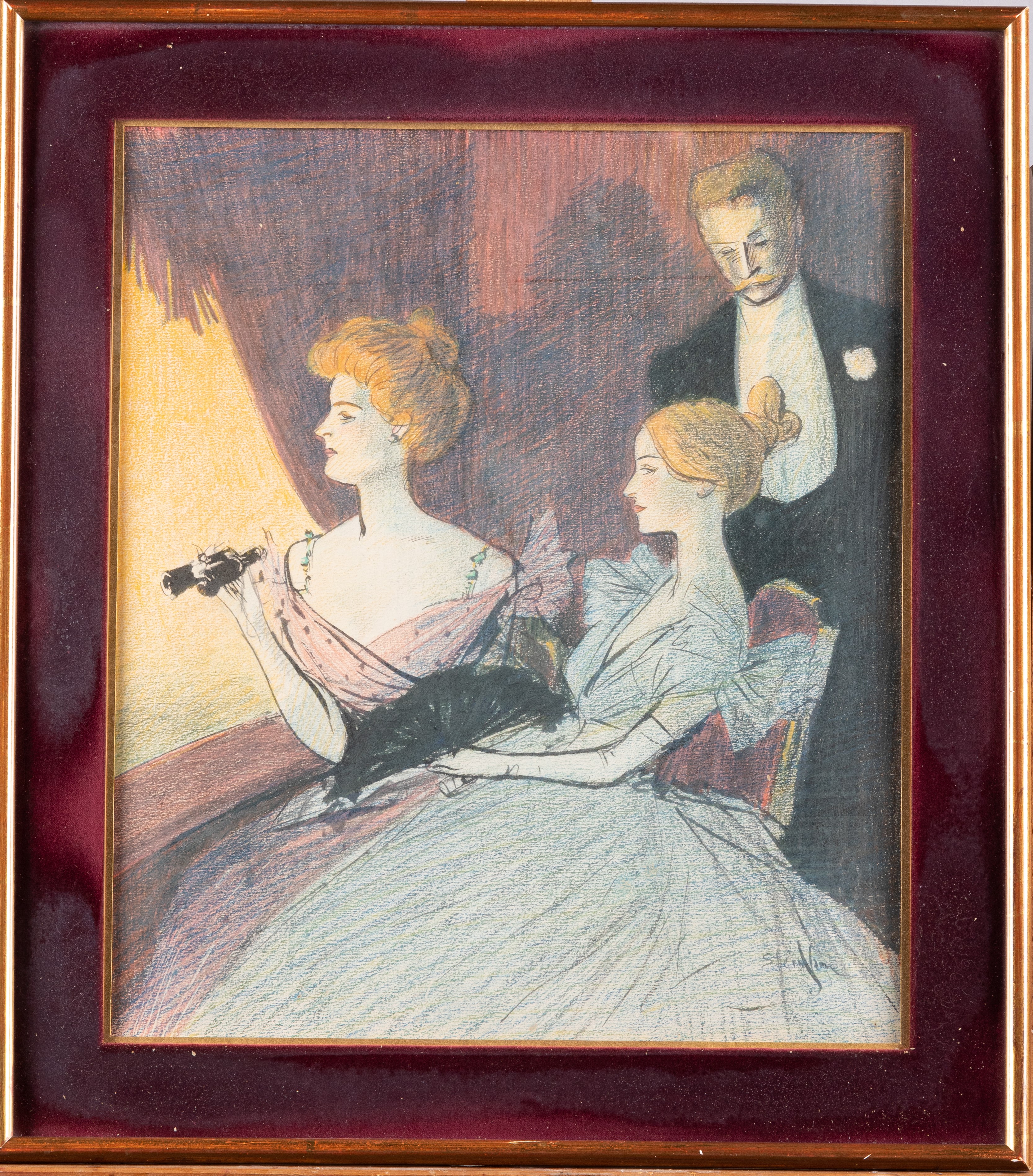 Théophile STEINLEN (1859 - 1923) —  Deux femmes et un homme dans une loge