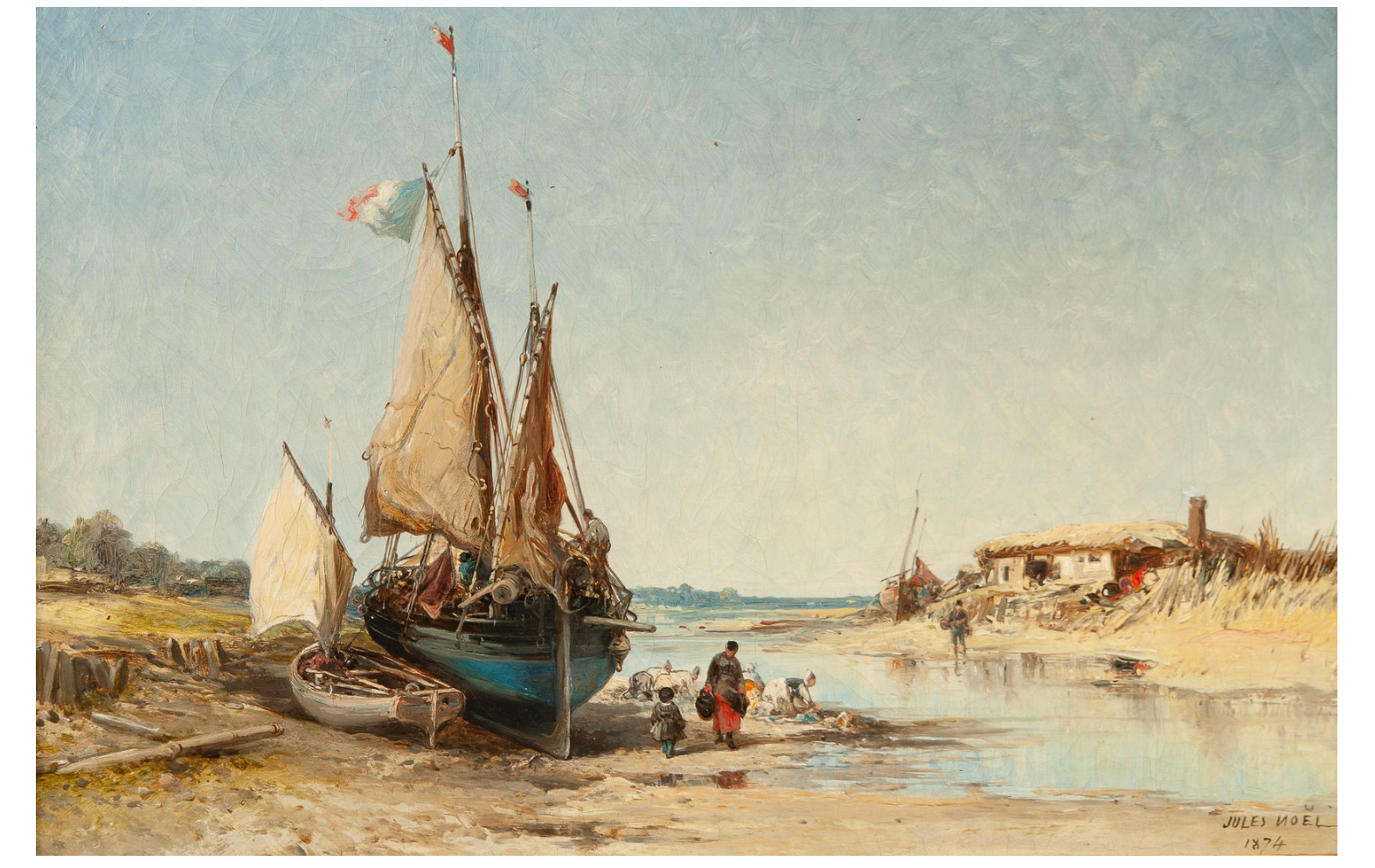 Jules Achille NOËL (1810-1881) — Lavandières et bateaux de pêche à marée basse, 1874