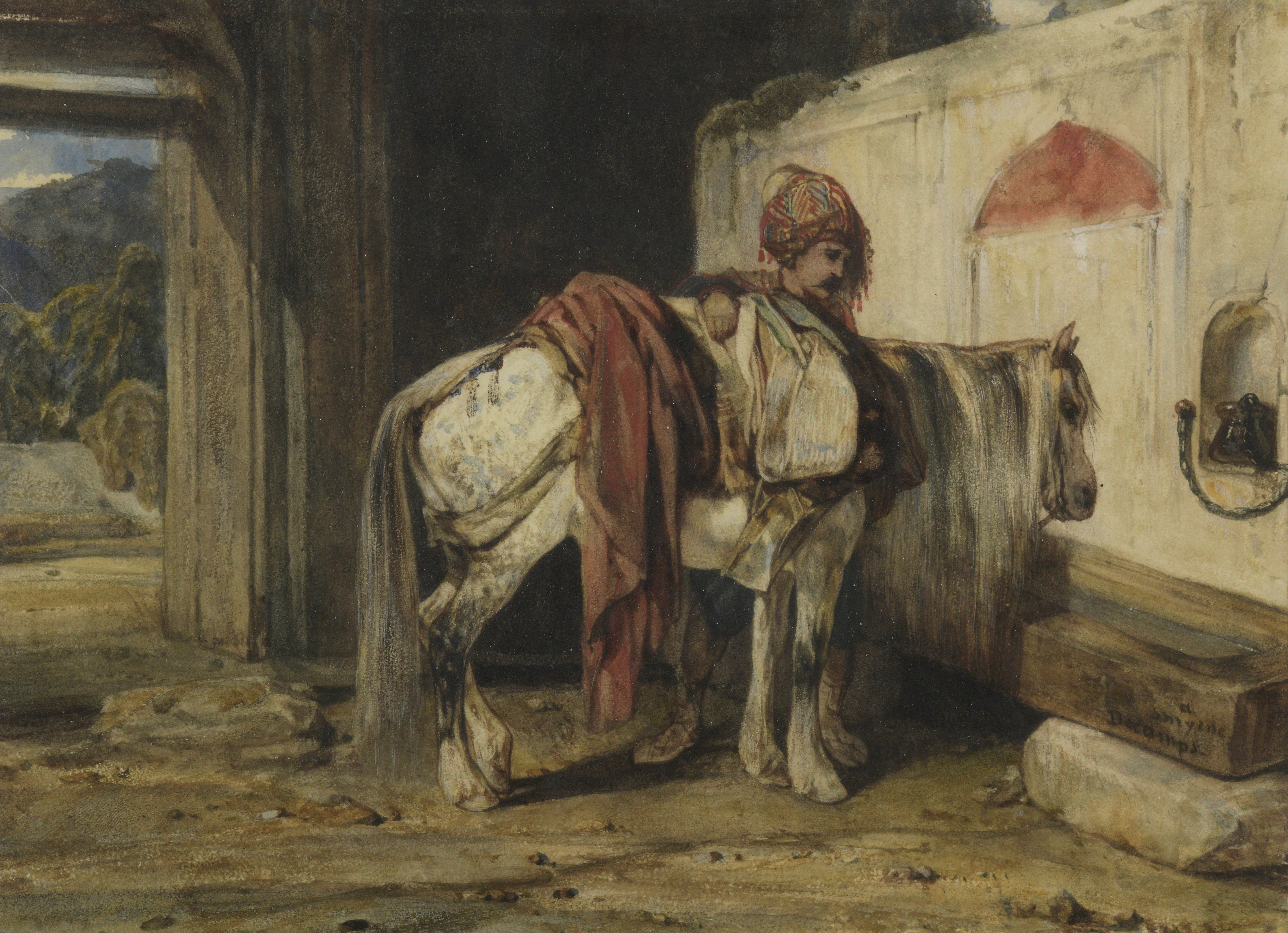 Alexandre Gabriel DECAMPS (1803-1860) — Cavalier et sa monture à la fontaine, Smyrne