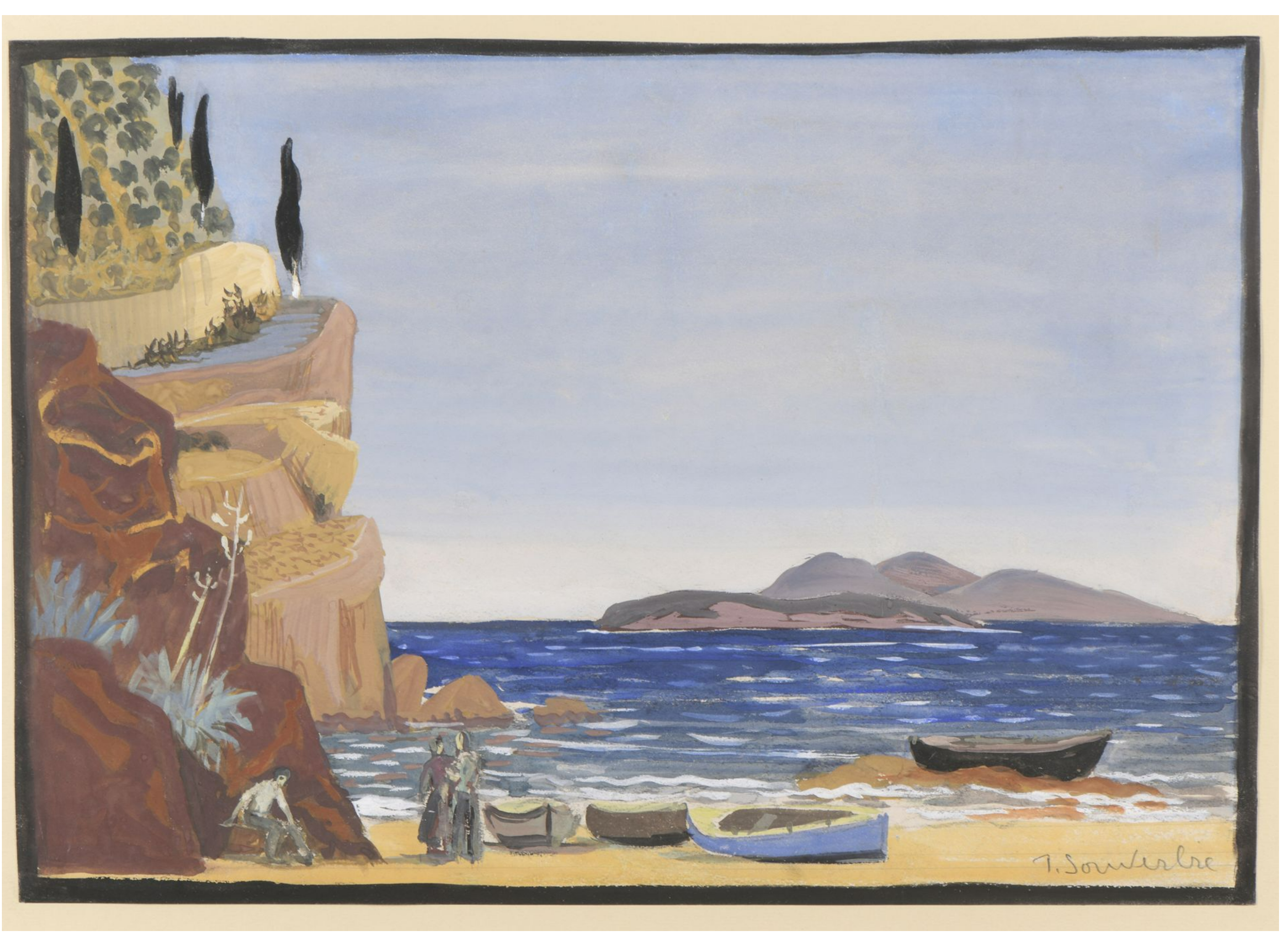 Jean SOUVERBIE (1891-1981) — Plage méditerranéenne animée, circa 1941-1942
