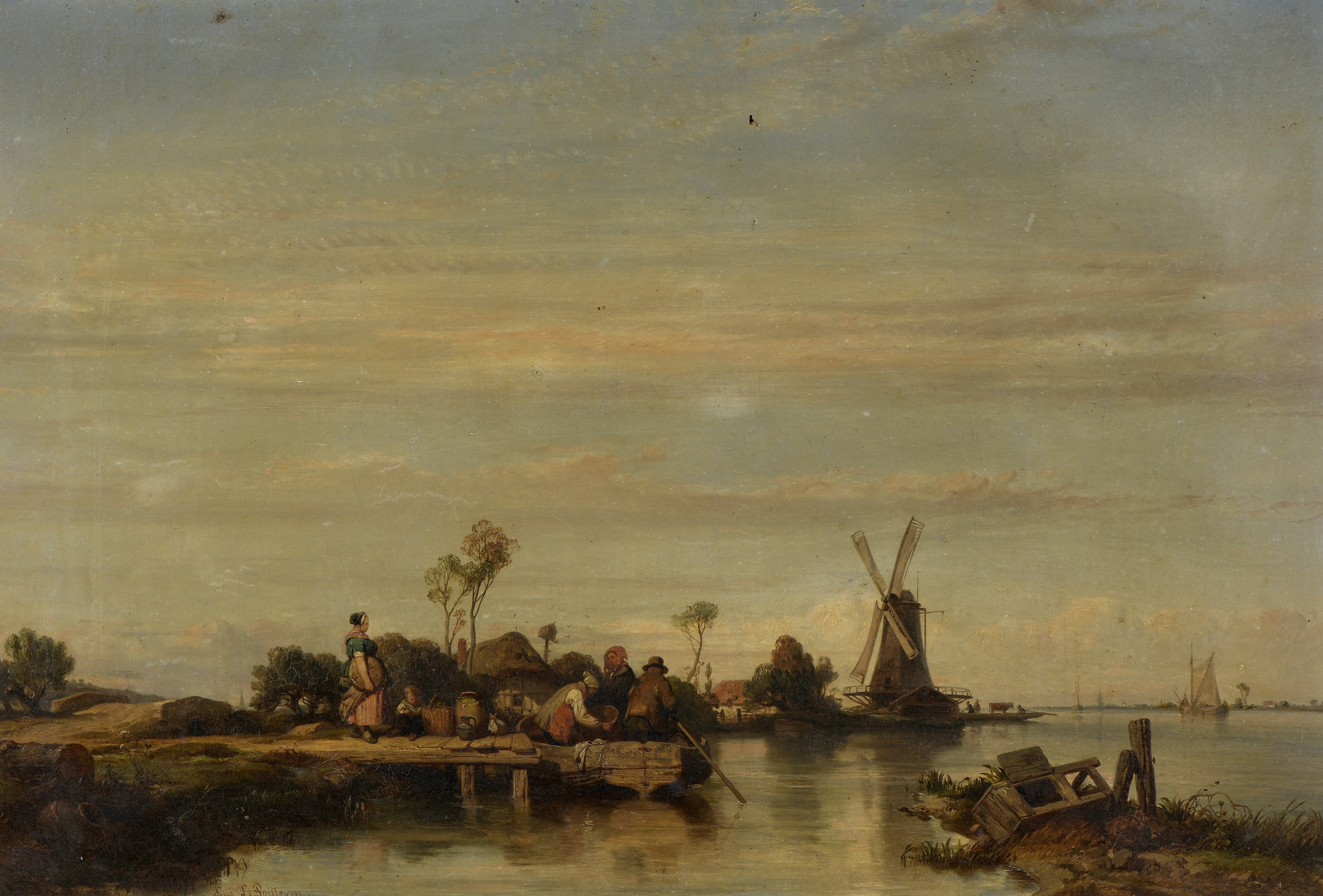 Eugène LE POITTEVIN (1806-1870) — Le Passage du bac en Hollande, 1842