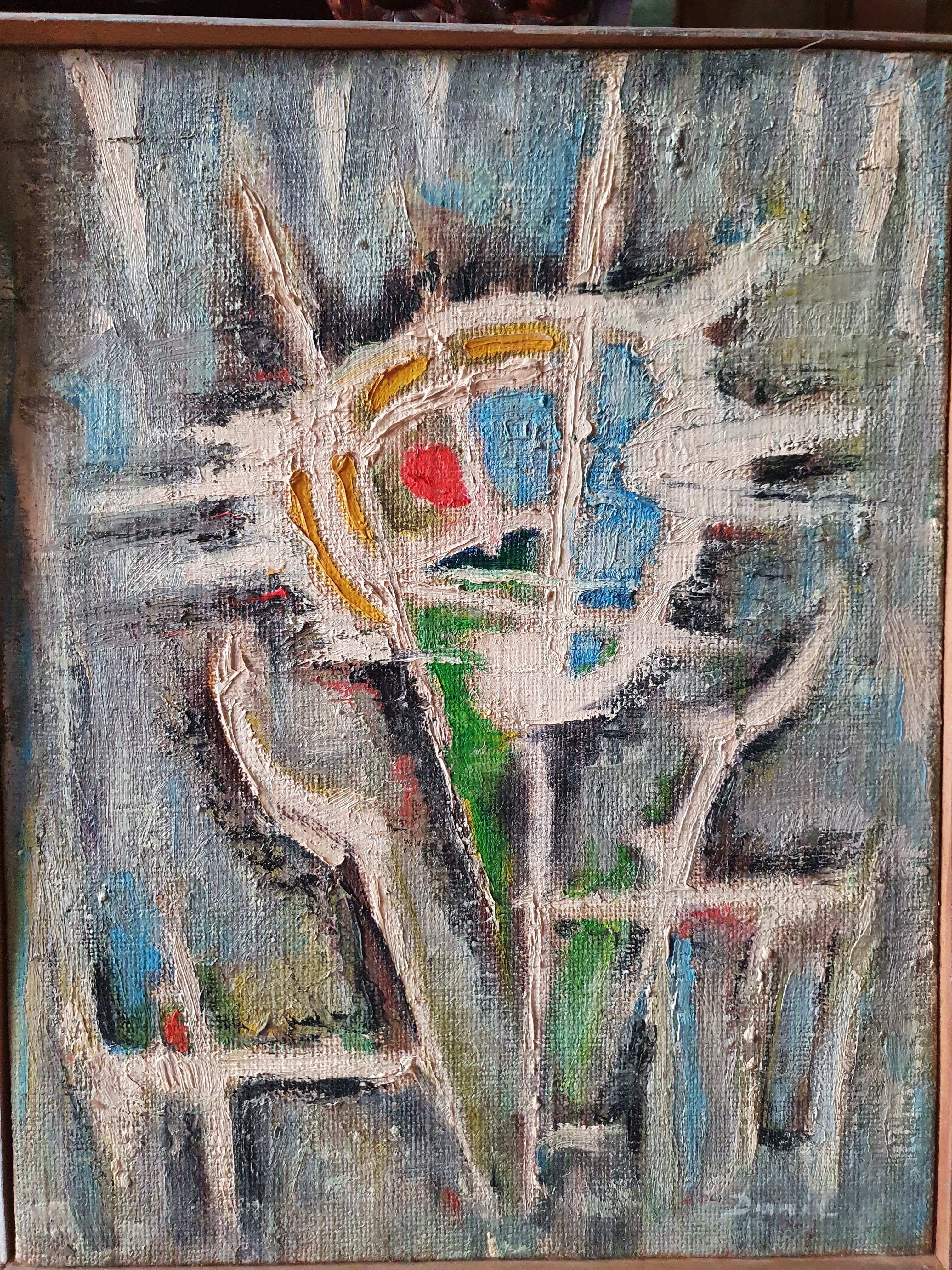 Daniel PANAGOPOULOS dit DANIL (1924-2008) — \"Composition, abstraite, tâche bleue et rouge, traits jaunes, cernes beiges\"