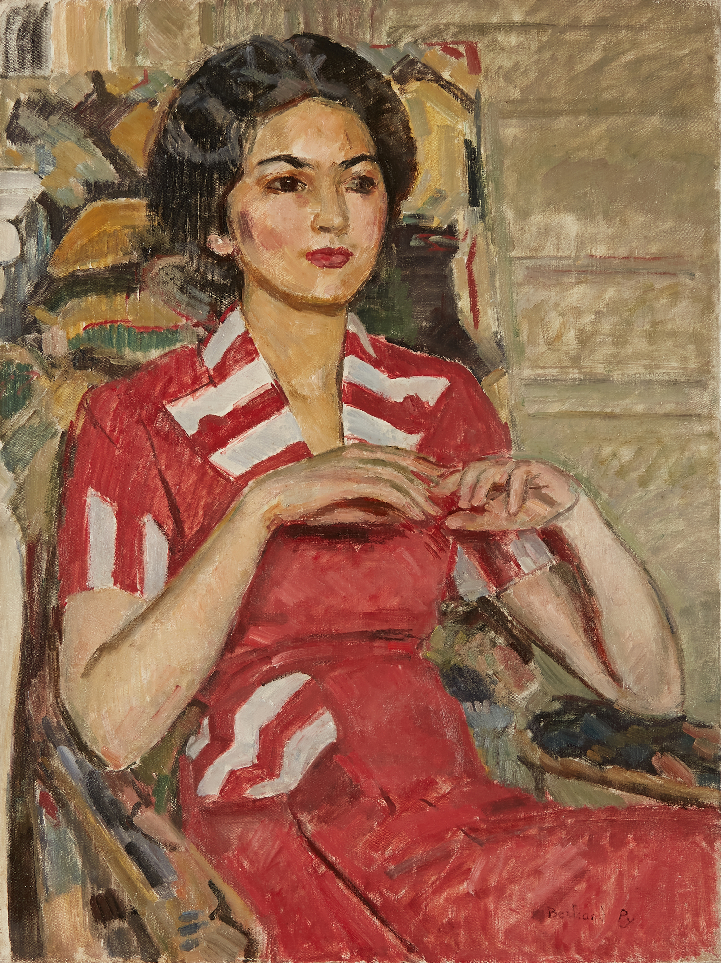 Bertrand PY (1895-1973) — Jeune femme en robe rouge et blanche