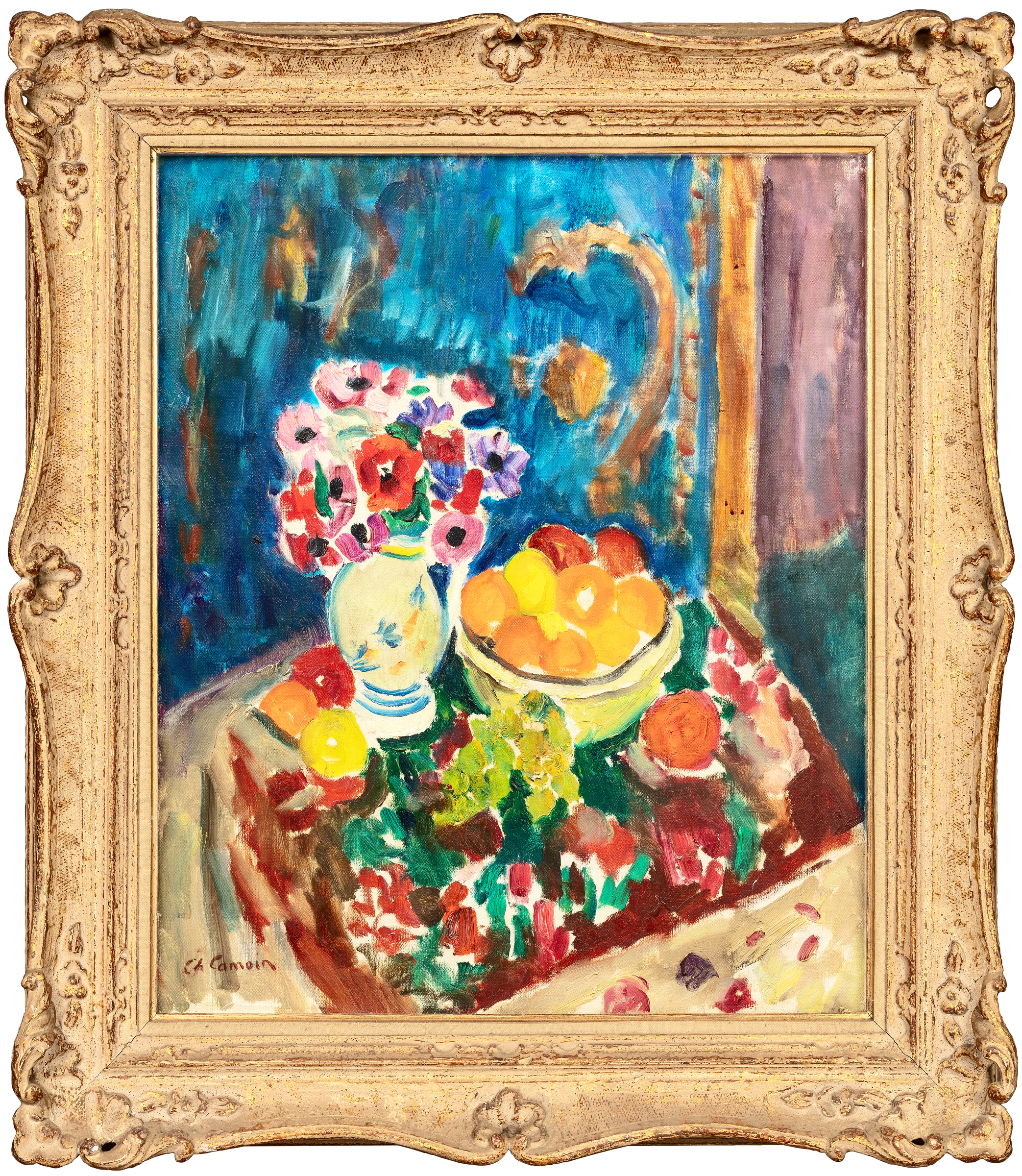 Charles CAMOIN (1879-1965) — \"Anémones au compotier d'oranges sur le voile de Gênes, 1958