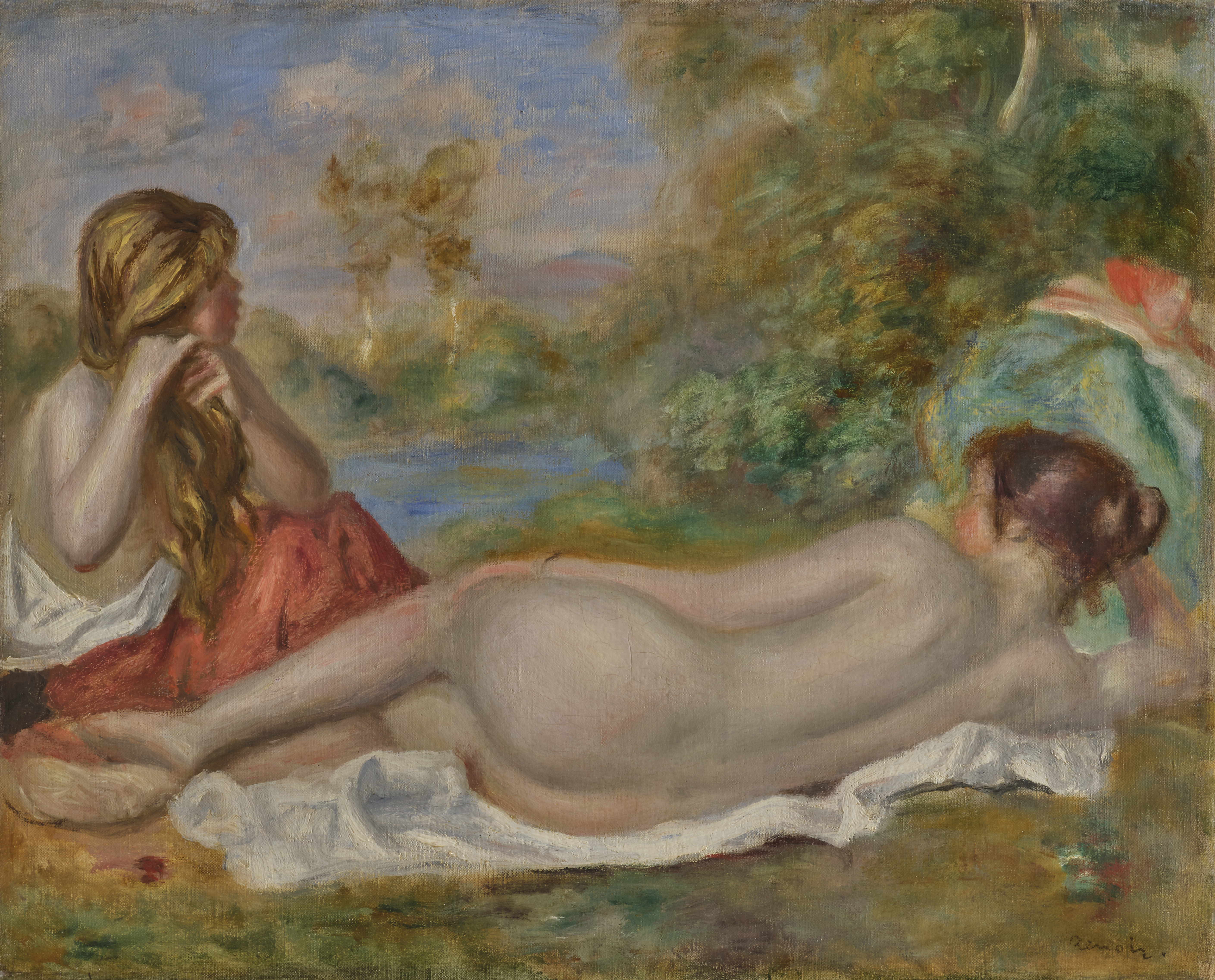 Pierre-Auguste RENOIR (1841-1919) — Femme allongée et jeune fille se coiffant, 1896