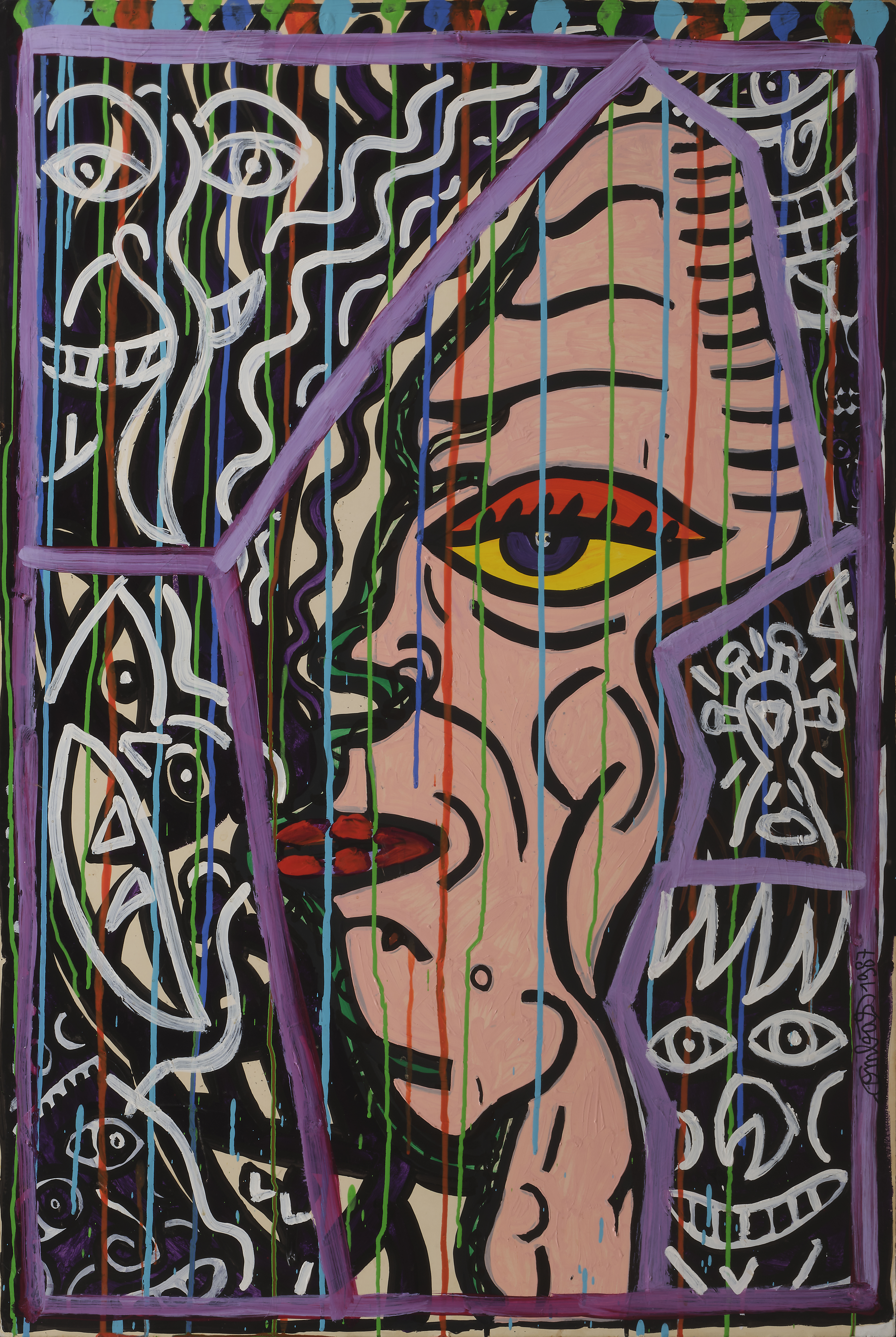 Robert COMBAS (né en 1957) — Profil gauche plus têtes blanches autour. Autour du profil à crâne pointu, 1987