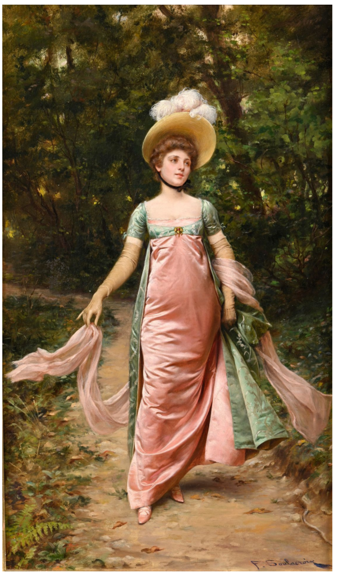 Frédéric SOULACROIX (1858-1933) — Elégante à la robe rose dans un sous-bois
