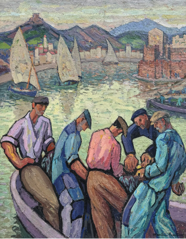 Jac MARTIN-FERRIERES (1893-1972) — Pêcheurs et voiliers au large de Collioure.