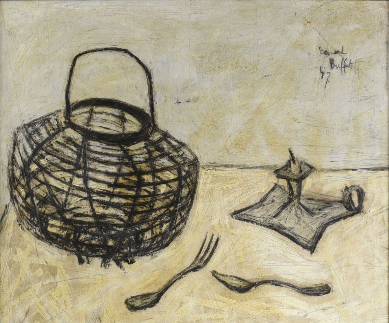 Bernard BUFFET (1928-1999) — Nature morte au panier, bougeoir et couverts, 1947