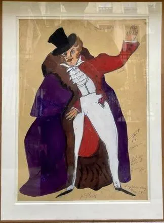 Olga De Courville-Choumansky — Projet de costume pour  Le Malheur davoir trop desprit  de Griboedov Théâtre National de Prague 1935 mis en scène par Nicolas Evreinov 1935. Aquarelle signée située Paris et datée 1935 en bas à droite.