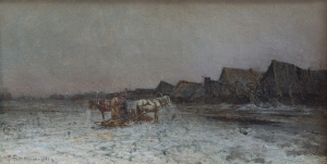 Attelage et paysans russes, à l'entrée d'un village en hiver