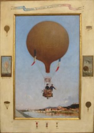 Le capitaine aéronaute Juhlès volant au dessus de Turin en compagnie de la reine d'Italie, Margherita de Savoie