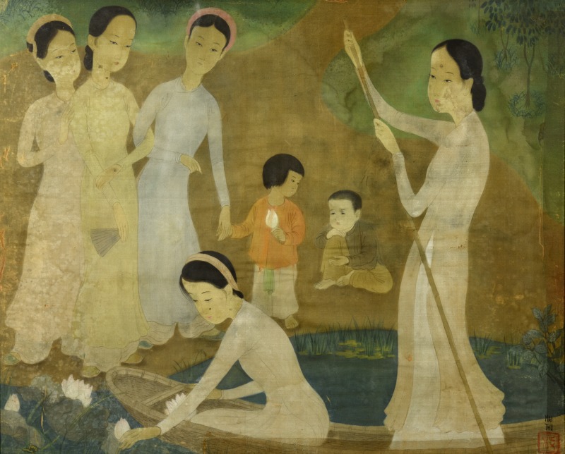 MAI THU (1906-1980) — La cueillette des nymphéas sur la rivière