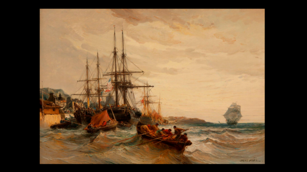 Jules Achille NOËL (1810-1881) — Bateaux amarés, mer agitée