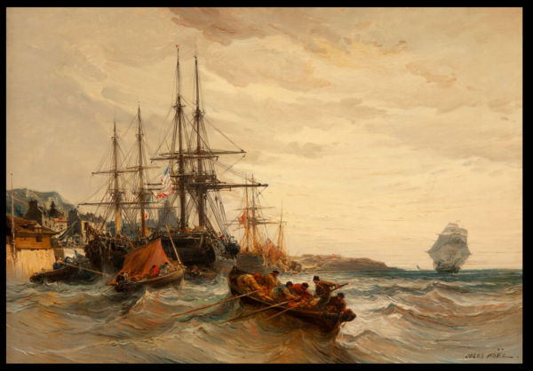 Jules Achille NOËL (1810-1881) — Bateaux amarés, mer agitée