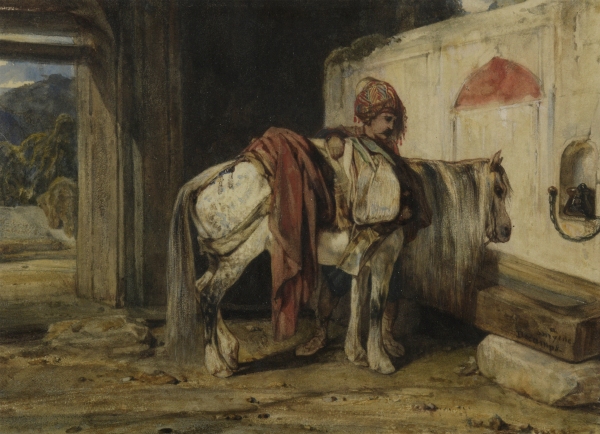 Alexandre Gabriel DECAMPS (1803-1860) — Cavalier et sa monture à la fontaine, Smyrne