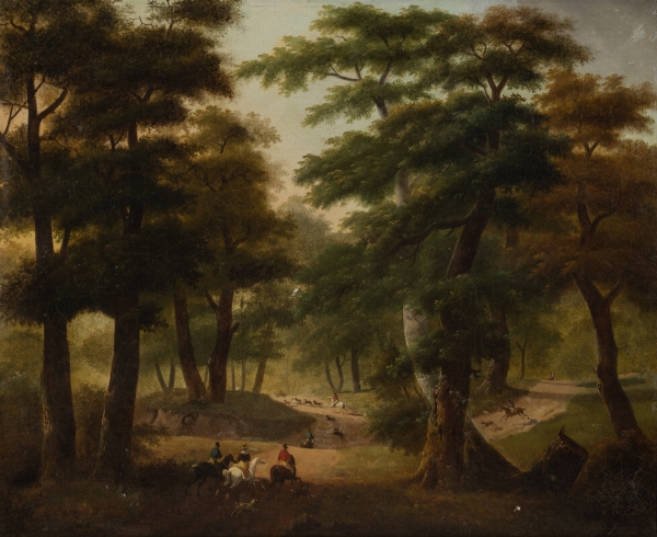 Philippe BUDELOT (act. 1793-1841) — Scène de chasse à courre en sous-bois.