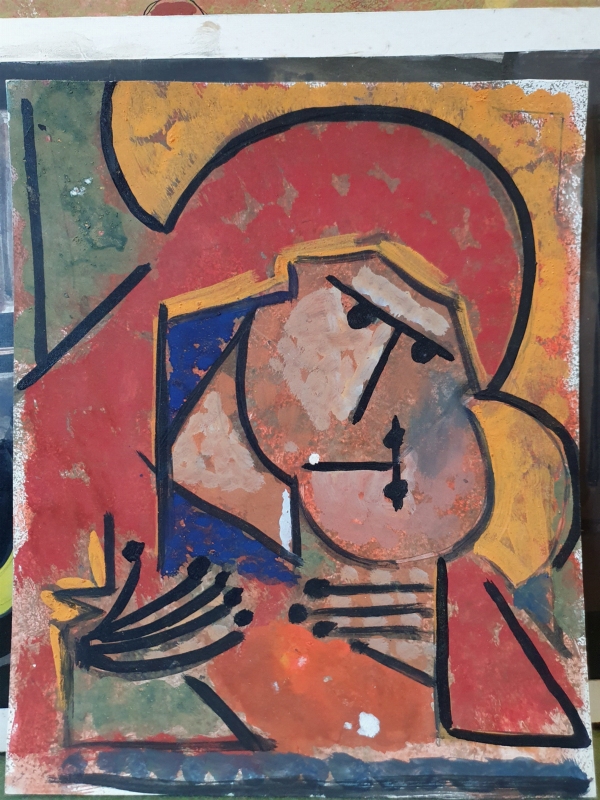 Daniel PANAGOPOULOS dit DANIL (1924-2008) Daniel PANAGOPOULOS dit DANIL (1924-2008) : \"Composition abstraite, verticalités noires sur fond vert\" Huile sur toile, signée en bas à droite, datée 1956 au dos. 100 x 65 cm. Infime trou au centre. Expert : Cabinet CHANOIT. Porte le cachet de l'Etude créé spécialement pour cette vente — \"Vierge à l'Enfant\"