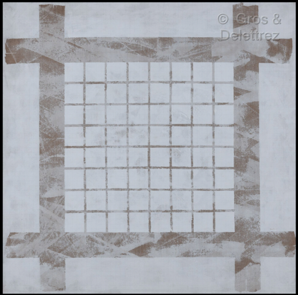 Claire PICHAUD (1935-2017) — Hommage à Malevitch, circa 1980/1981 Blanc beige (petits carré dans un grand carré)