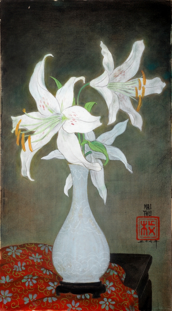 MAI THU (1906-1980) — Vase de lys blancs ou lilium sur un entablement, 1957