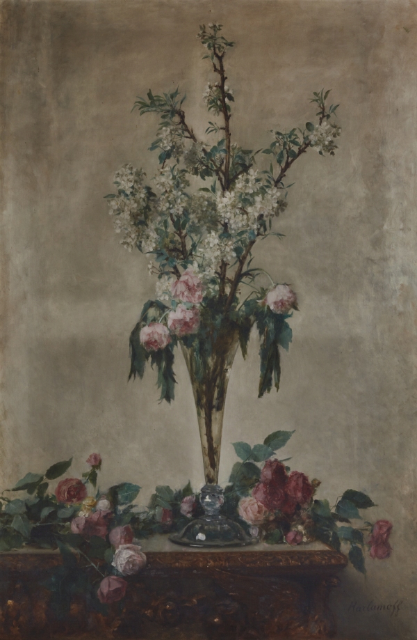 Alexei Alexeievich HARLAMOFF (1840-1925) — Bouquet de rose et de branches de pommier sur un entablement