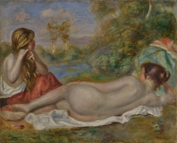 Pierre-Auguste RENOIR (1841-1919) — Femme allongée et jeune fille se coiffant, 1896