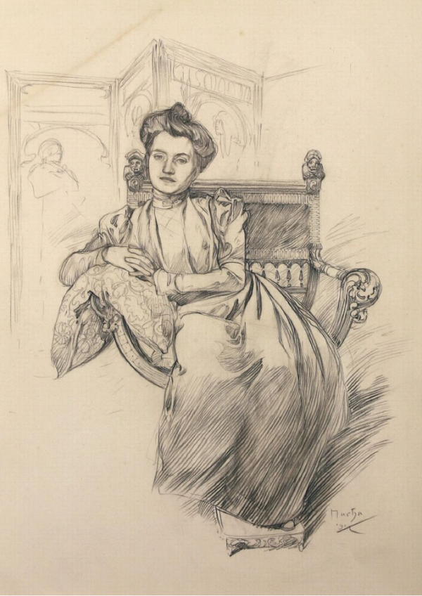 Alphonse MUCHA (1860-1939) — Portrait de Louise Papillard assise dans l'atelier de Mucha, 1902