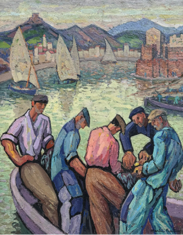 Jac MARTIN-FERRIERES (1893-1972) — Pêcheurs et voiliers au large de Collioure.