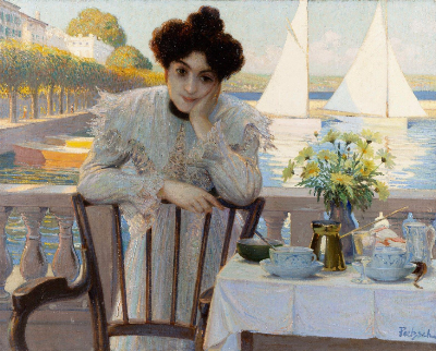 — Jeune femme prenant le thé au bord du lac