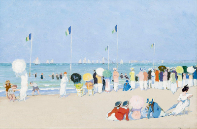 — Estivants sur la plage de Deauville regardant la régate
