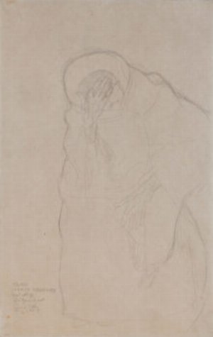 Vieille femme assise, la main sur le front